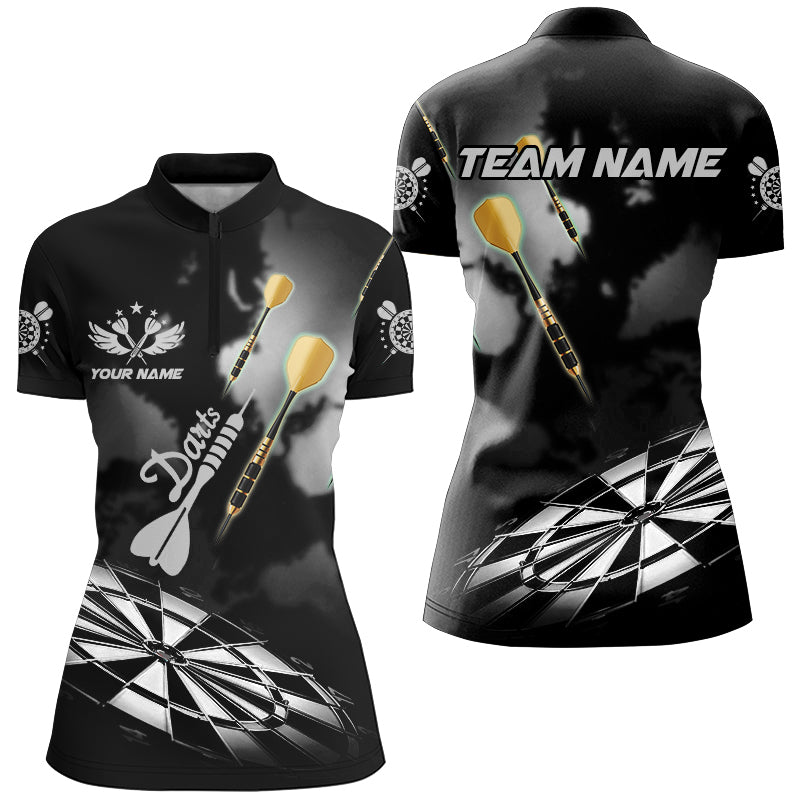 Individuelles Schwarzes Weißes Dartboard Nebel Dart Quarter Zip Shirt Für Damen, Dart Liga Dart Trikot TDM3070
