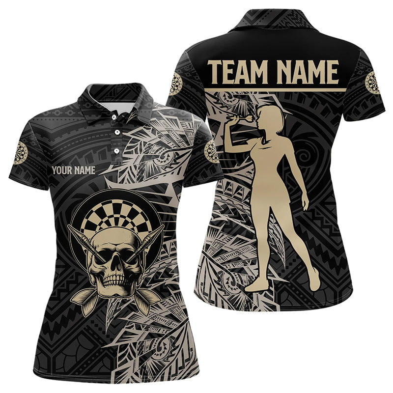 Gold-Schwarz Tribal Individuelles Dart-Poloshirt für Damen, Schädel Dart-Teamtrikots TDM3318