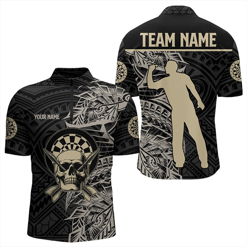 Gold und Schwarz Tribal Individuelles Dart Herren Shirt mit Viertelreißverschluss, Skull Dart Team Trikots TDM3318