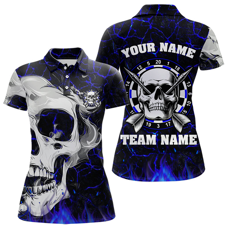 Individuelles Blau Leuchtendes Feuer-Riss-Schädel Poloshirt für Damen, Dart-Trikot-Team TDM3492
