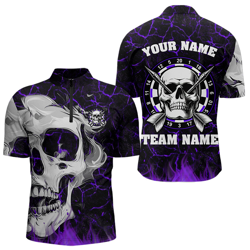 Individuelles Lila Leuchtendes Feuer Riss Skull Viertelreißverschluss Herren Shirt, Dart Trikot Team TDM3493