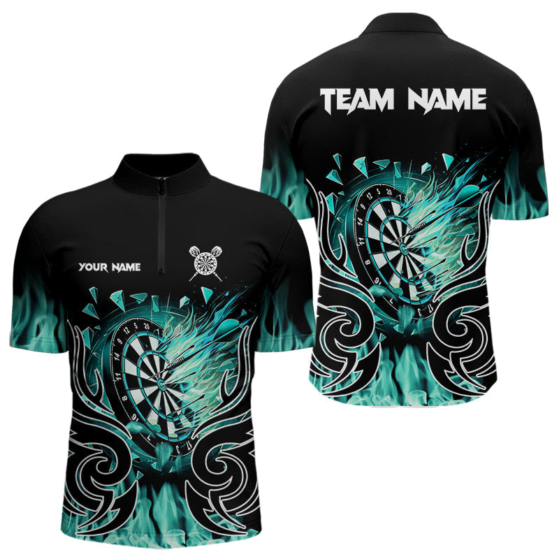 Individuelles Türkis Flammendes Feuer Dart Viertelreißverschluss Herren Shirt – Team Dart Trikots TDM3795
