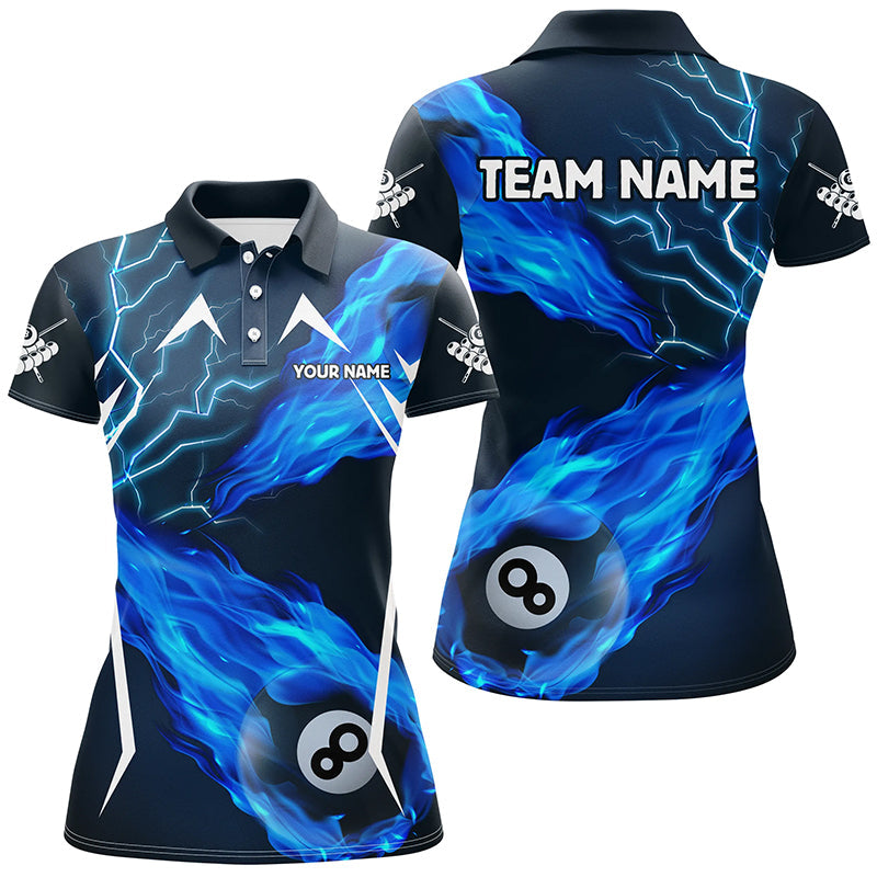 Blaues 8-Ball-Pool Feuer-Flammen-Blitz Poloshirt für Damen, Billard-Trikot TDM1907