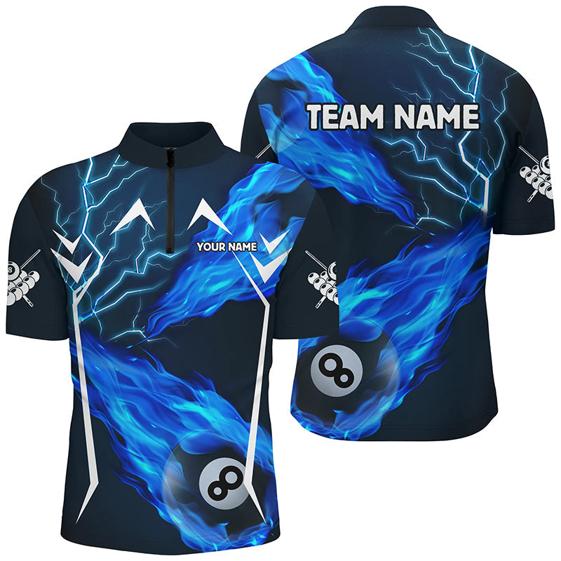 Blaues 8 Ball Pool Feuerflamme Blitz Herren Quarter-Zip Shirt, Team Liga Billiard Jersey TDM1907