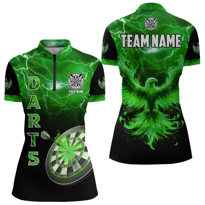 Individuelles Blitz Donner Flammender Phönix Dart Damen Quarter Zip Shirt, Dart Trikot Grün TDM3089