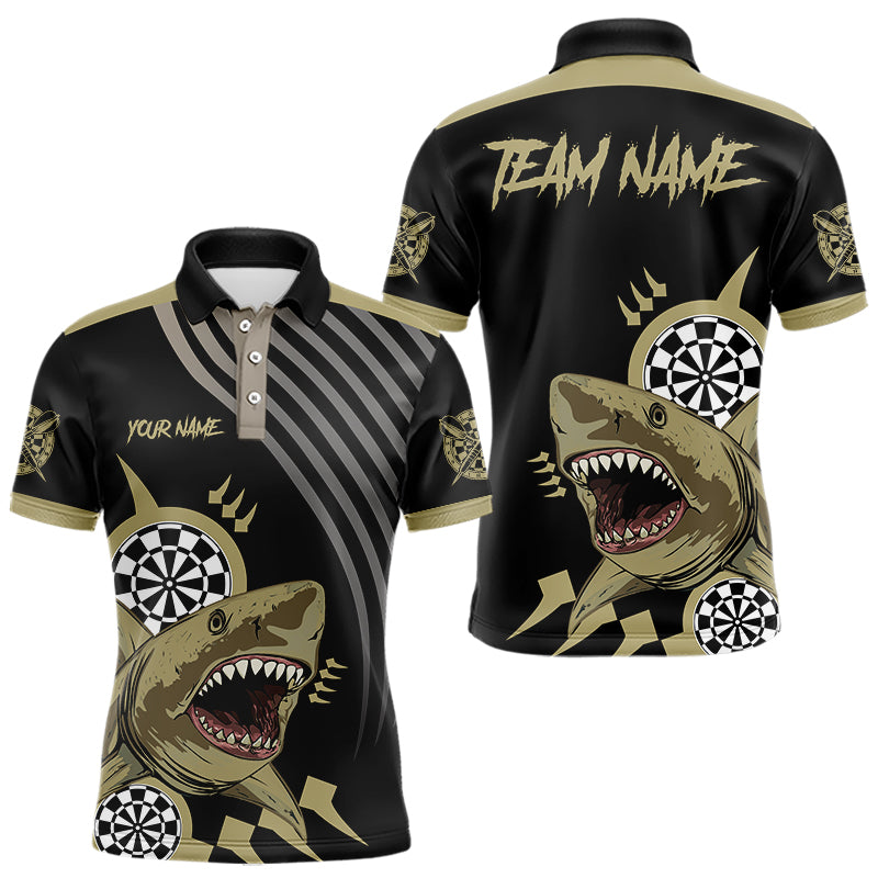 Individuelles schwarz-goldenes witziges Hai-Dart-Poloshirt für Herren, Darttrikot mit Tasche TDM3655