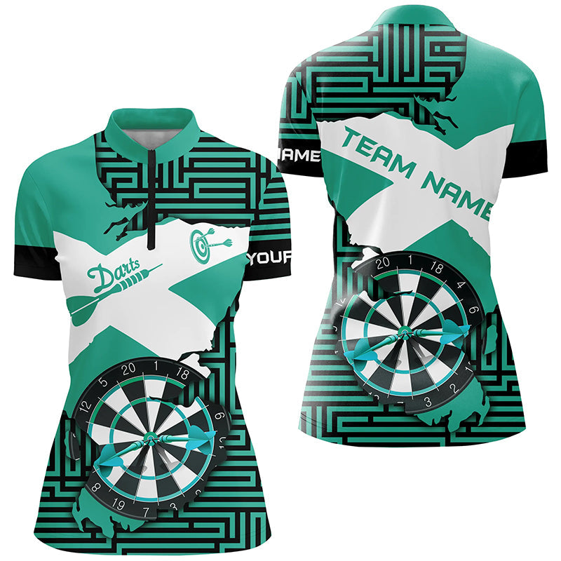 Individuelles türkises lustiges Crack Dartboard Dart Quarter Zip Shirt für Damen, Dart Teamtrikot TDM1702