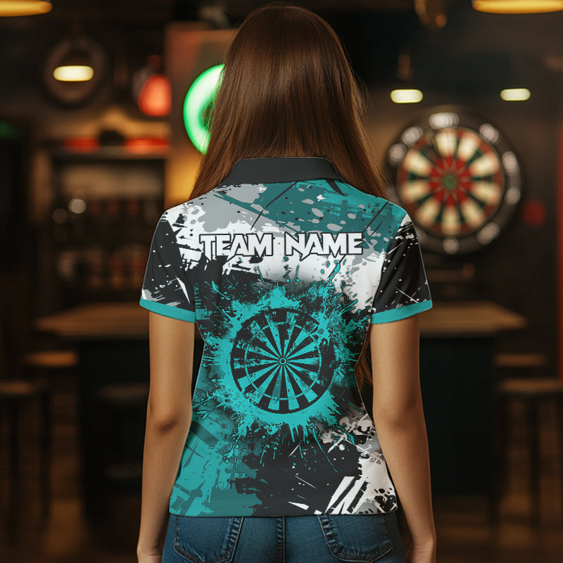 Grunge Türkis Farbe personalisierte Dartshirts mit Tasche für Damen, Darttrikots TDM3509
