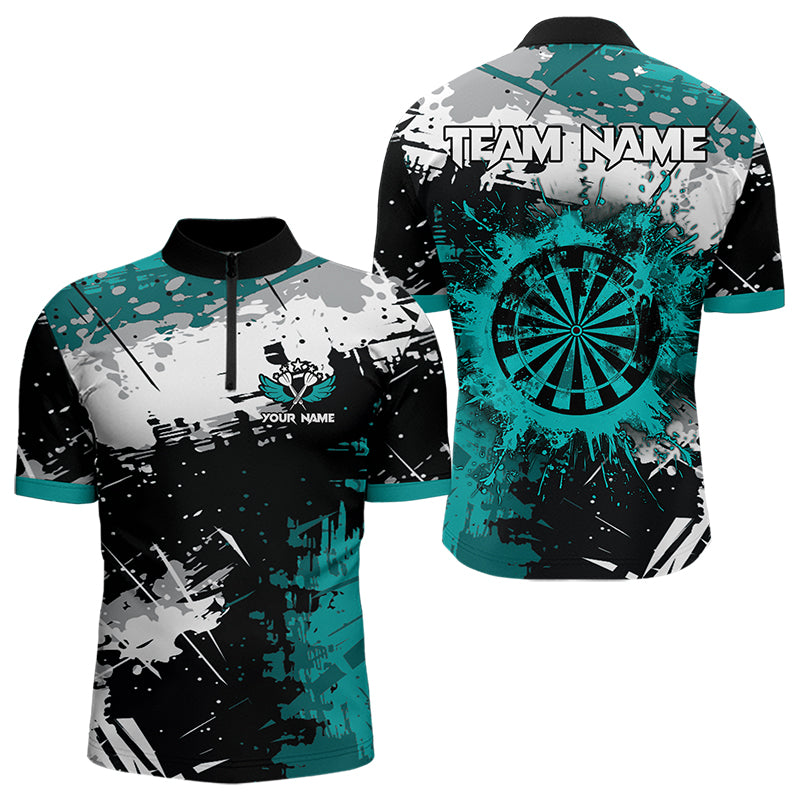 Grunge Türkis Farbspritzer Dart Polo & Viertelreißverschluss Maßgeschneiderte Herren Dartshirts Darts Trikots TDM3509