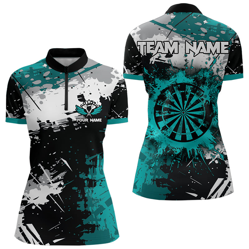 Grunge Türkis Farbe personalisierte Dartshirts mit Tasche für Damen, Darttrikots TDM3509