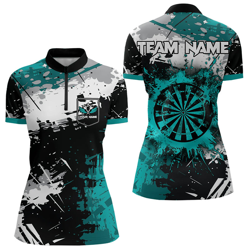 Grunge Türkis Farbe personalisierte Dartshirts mit Tasche für Damen, Darttrikots TDM3509