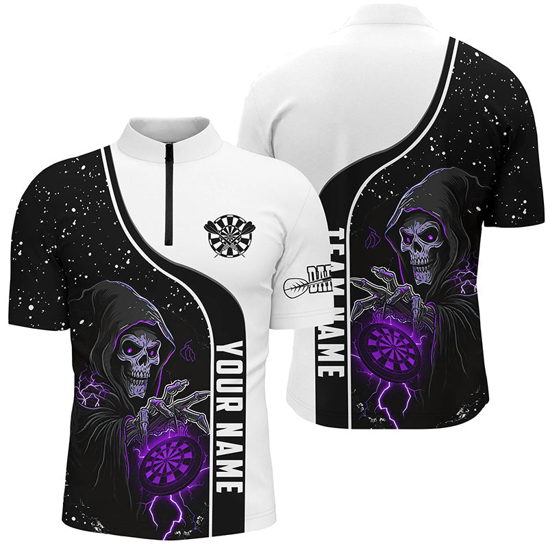 Individuelles Lila Death Skeleton Herren Shirt mit Viertelreißverschluss, Darts Team Trikot TDM2626