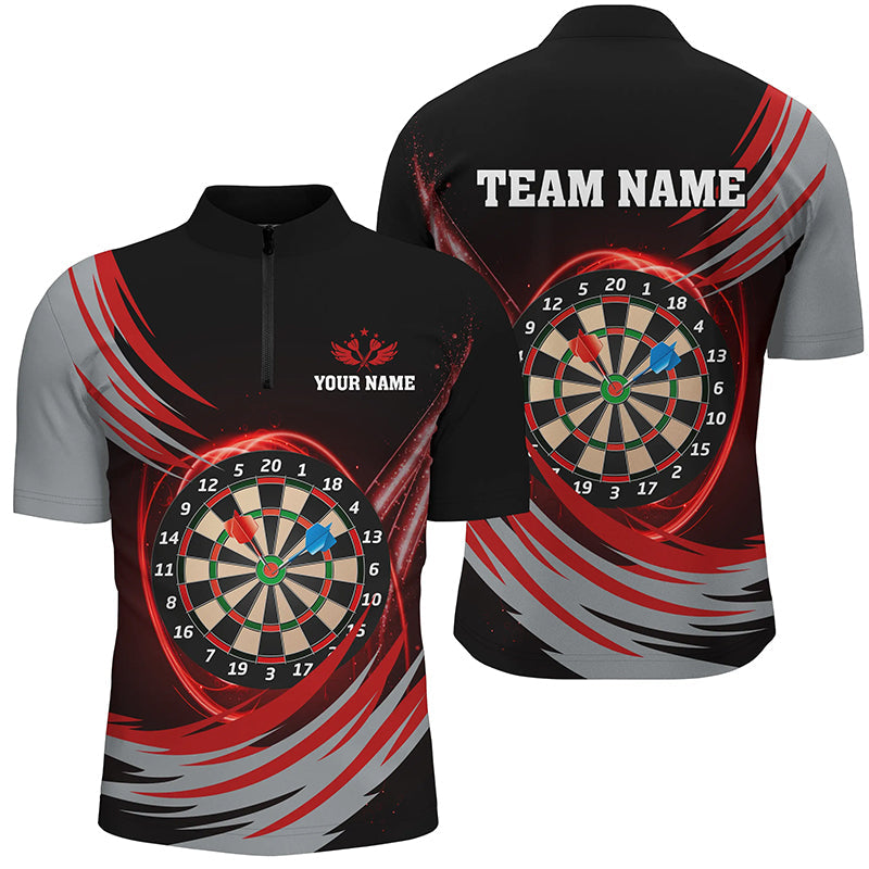Individuelles Schwarz-Rotes Blitz Dartboard Herren Shirt mit Viertelreißverschluss, Dart Team Trikots TDM1349