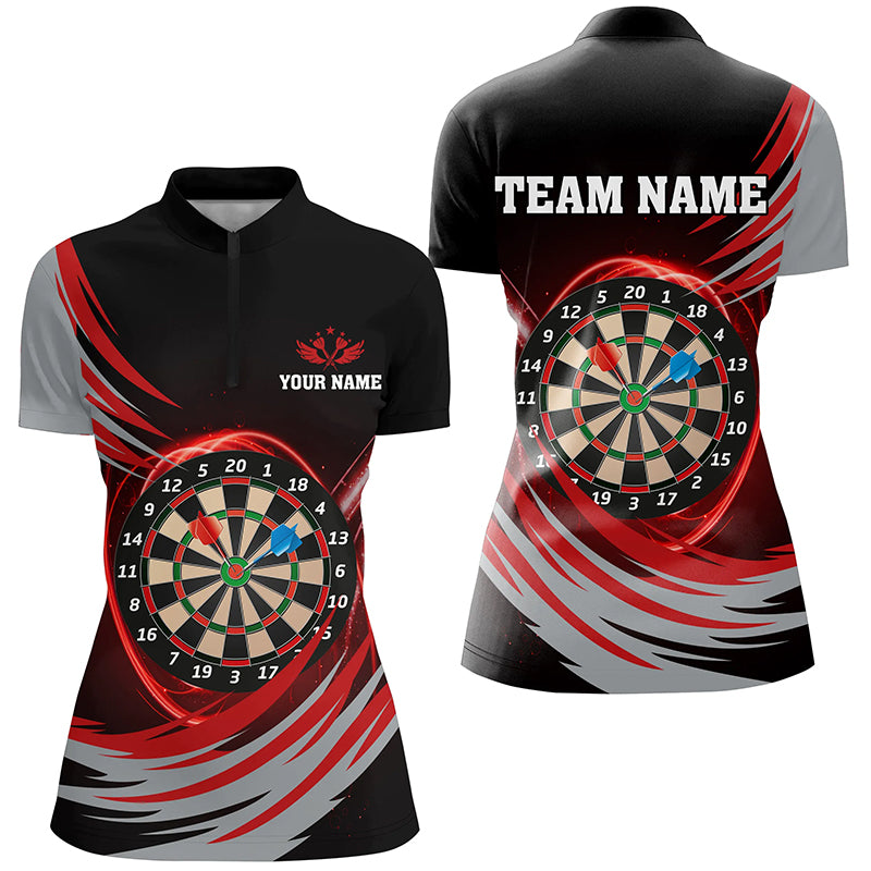 Individuelles schwarzes rotes Lightning Dartboard Damen Quarter Zip Shirt, Dart Teamtrikots TDM1349