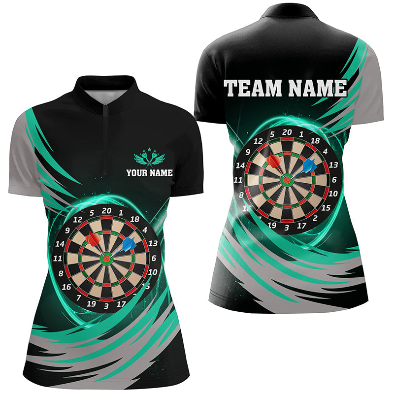 Individuelles schwarzes türkises Lightning Dartboard Damen Quarter Zip Shirt, Dart Teamtrikots TDM1350