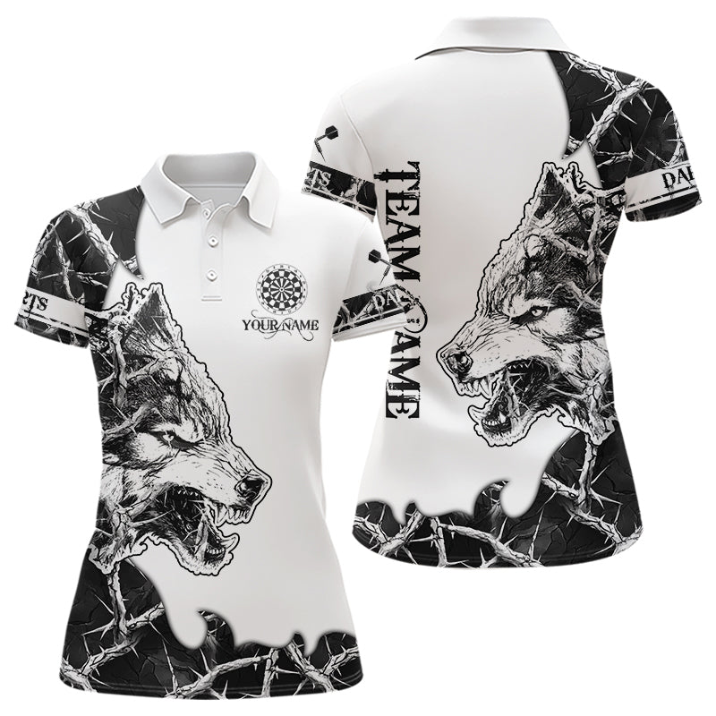Individuelles Weiß-Schwarzes Tarnmuster-Wolf-Dart-Poloshirt für Damen – Team Dart Trikots TDM3815