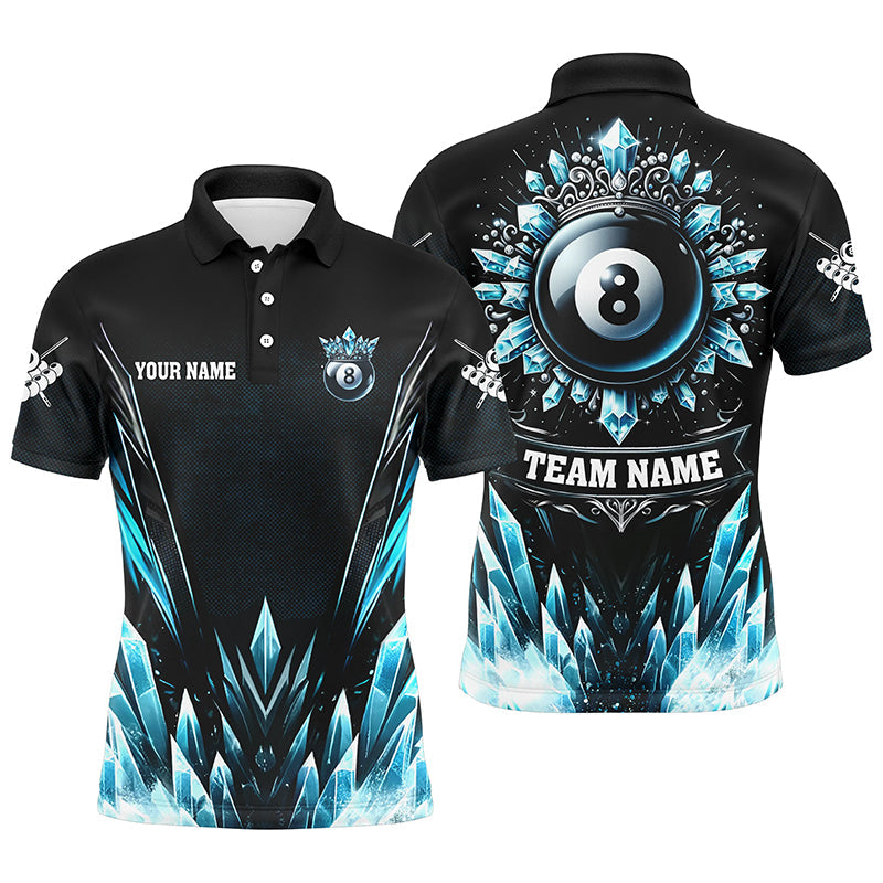 Blaues eisiges lustiges 8-Ball-Pool-Krone Allover-Druck-Poloshirt für Herren, individuelles Billardshirt TDM1169