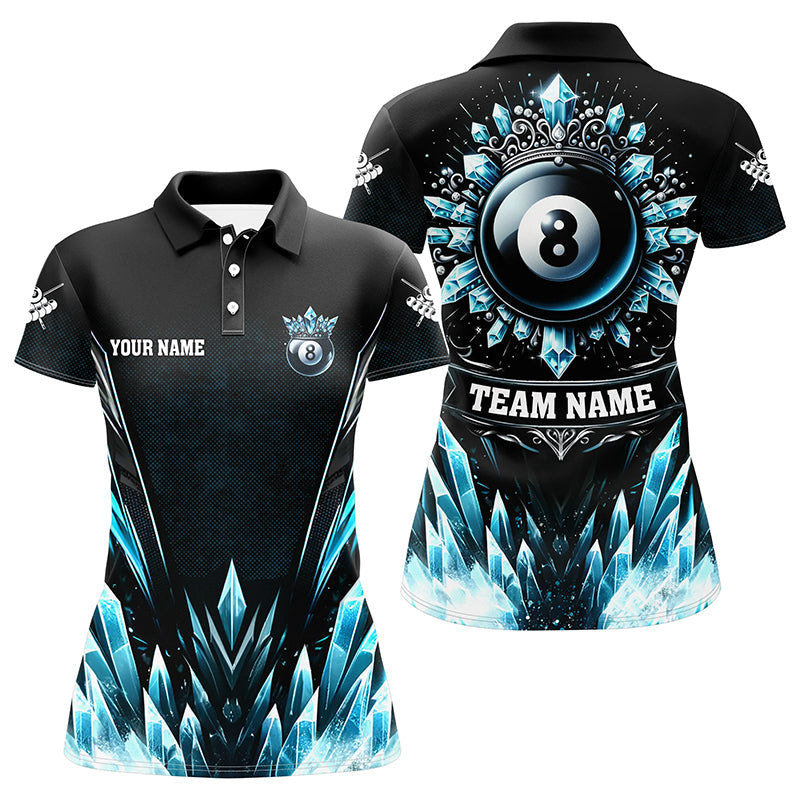 Blau eisig lustiges 8-Ball-Pool-Krone Allover-Print-Poloshirt für Damen, individuelles Billardshirt TDM1169