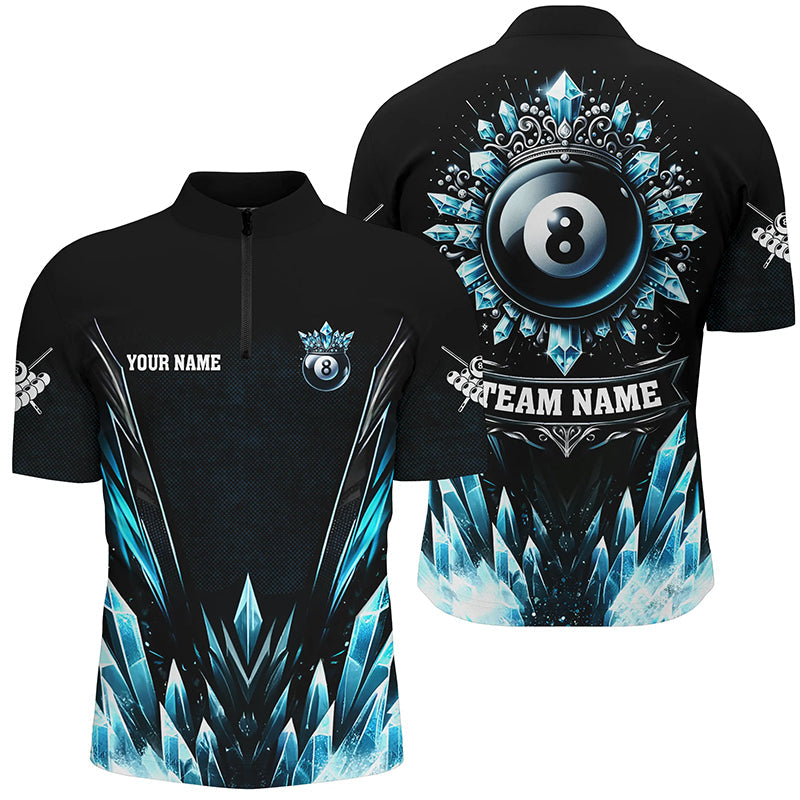 Blaues eisiges lustiges 8-Ball-Pool-Krone-Shirt mit Viertelreißverschluss für Herren, individuelles Billard-Shirt TDM1169