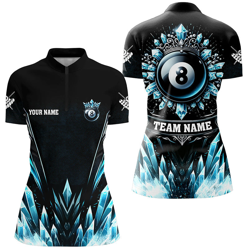 Blaues eisiges lustiges 8-Ball-Pool-Krone Damen-Quarter-Zip Shirt, maßgeschneidertes Billard-Shirt TDM1169