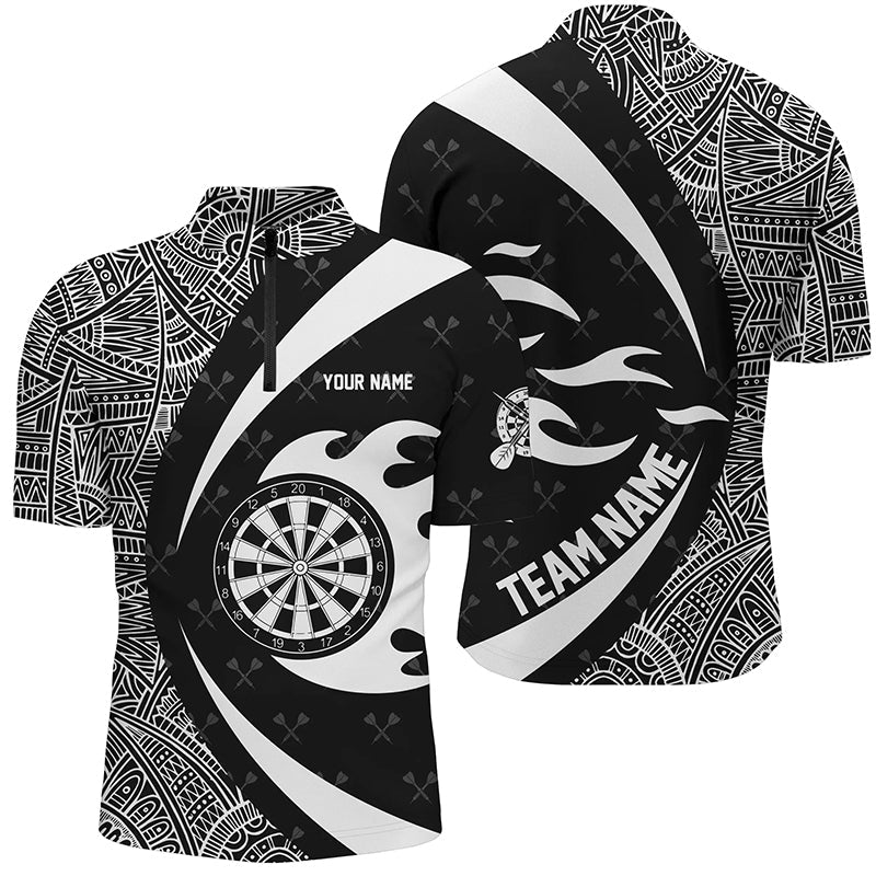 Individuelles Weiß-Schwarzes Tribal Muster Dart Herren Shirt mit Viertelreißverschluss, Dart Team Trikot TDM1358