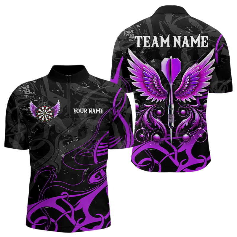 Individuelles Lila Schwarz Darts Pfeil Flügel Dart Viertelreißverschluss Herren Shirt, Dart Trikot Team Outfit TDM3669
