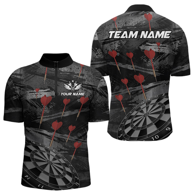 Individuelles Schwarz und Grau Grunge Dart Pfeil Viertelreißverschluss Herren Shirt – Team Dart Trikots TDM3822