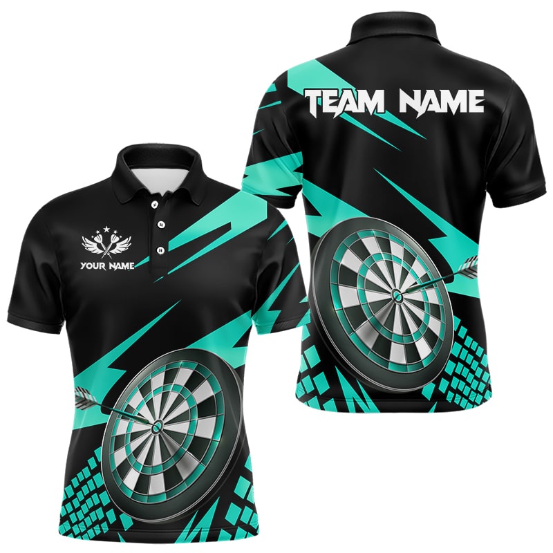 Individuelles cyan-schwarzes Poloshirt für Herren, Dartboard-Darttrikot Team-Uniform TDM3139