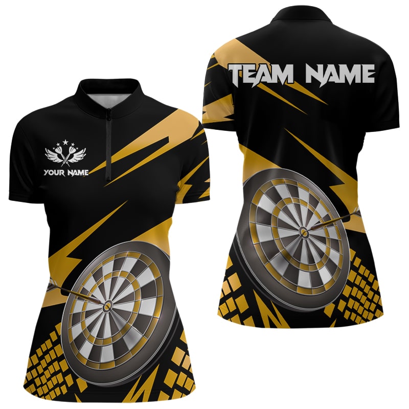 Gelb Schwarz personalisierte Dartshirts für Damen, 3D Dartboard Darttrikots Polo & 1/4 Reißverschluss TDM3140