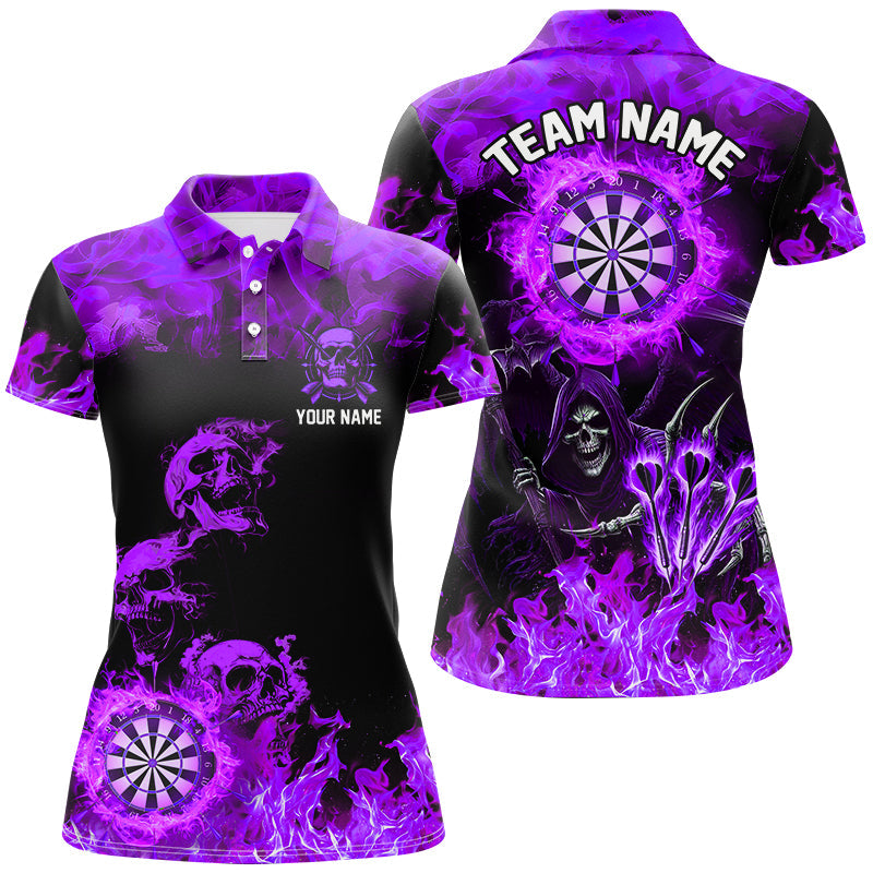 Individuelles Feuerflammen Dartboard Skull Dart Poloshirt für Damen, Lila Gruseliges Dart Trikot TDM2905