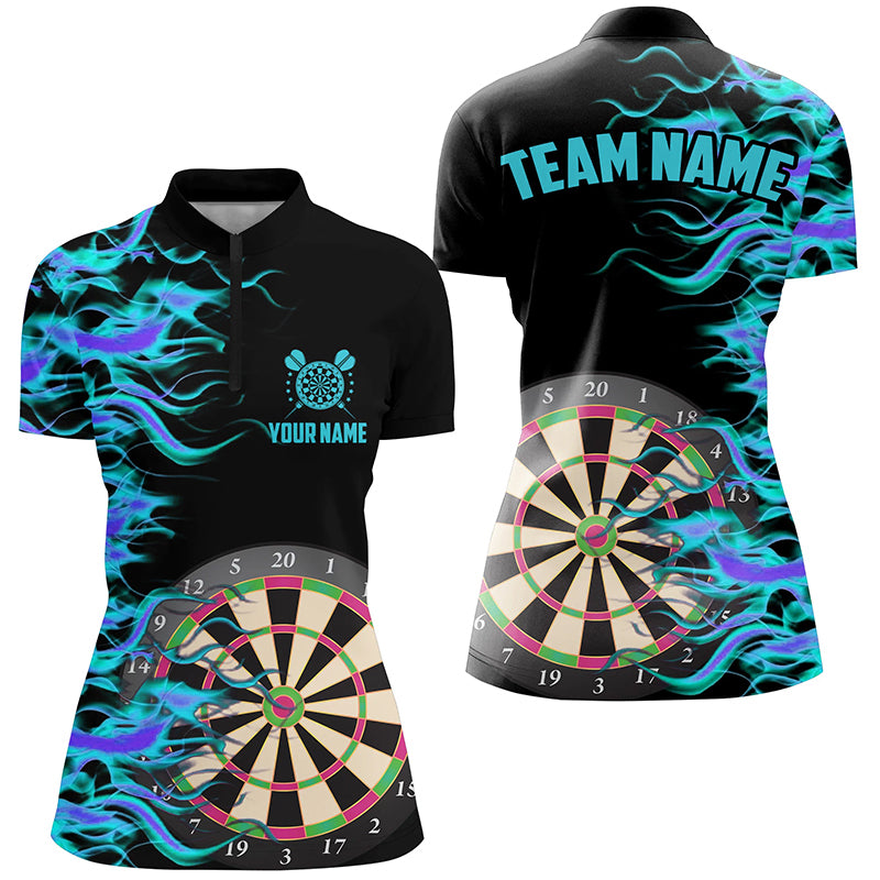 Individuelles türkises Dartboard Fire Flame Dart Quarter Zip Shirt für Damen, Dart Team Name Trikot TDM1740