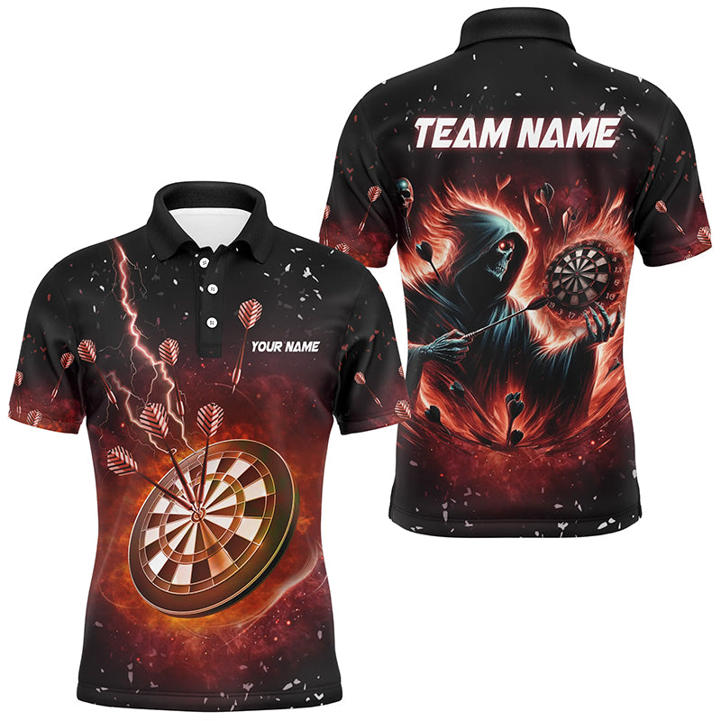 Individuelles gruseliges Totenschädel-Feuer-Dart-Poloshirt für Herren, Dart-Team-Outfit TDM2918