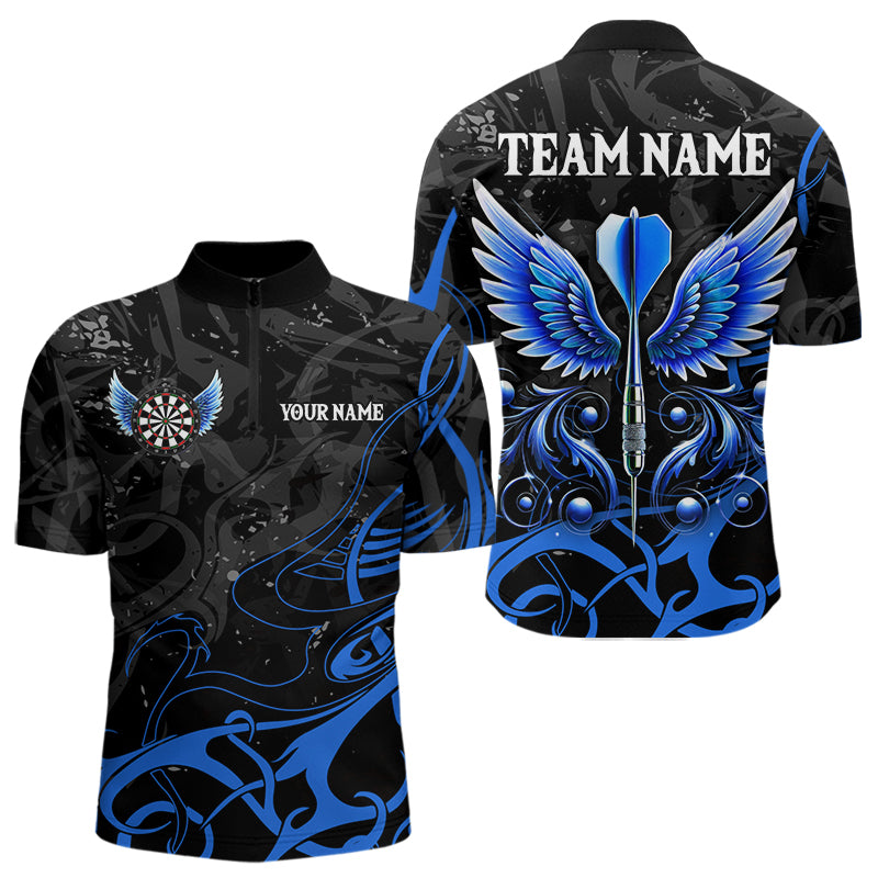 Individuelles Blau Schwarz Pfeil Flügel Dart Viertelreißverschluss Herren Shirt – Team Dart Trikots TDM3840