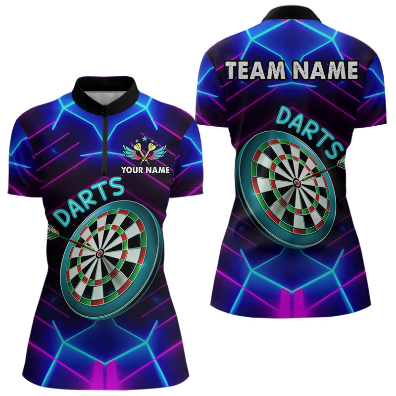 Individuelles Neon Lila Blau Leuchtendes Dart Damen Quarter Zip Shirt – Team Dart Trikot TDM3846