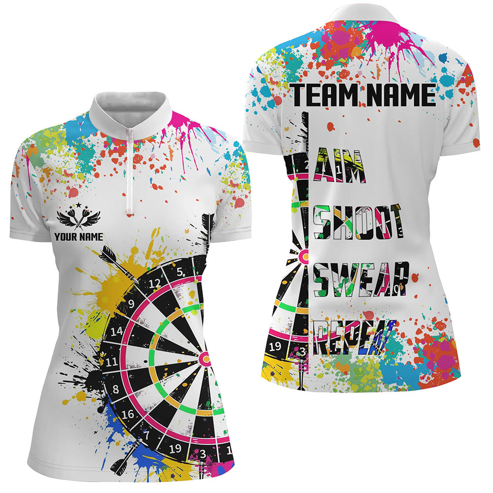 Lustiges Dartshirt – Bunt, Witzig, Personalisierbar – Aim Shoot Swear Repeat – Damen & Teams TDM1585