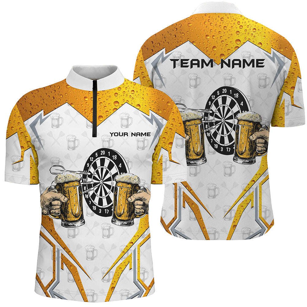 Individuelles Lustiges Dartboard und Bier Herren Shirt mit Viertelreißverschluss, Weißes Dart Team Trikot TDM2188
