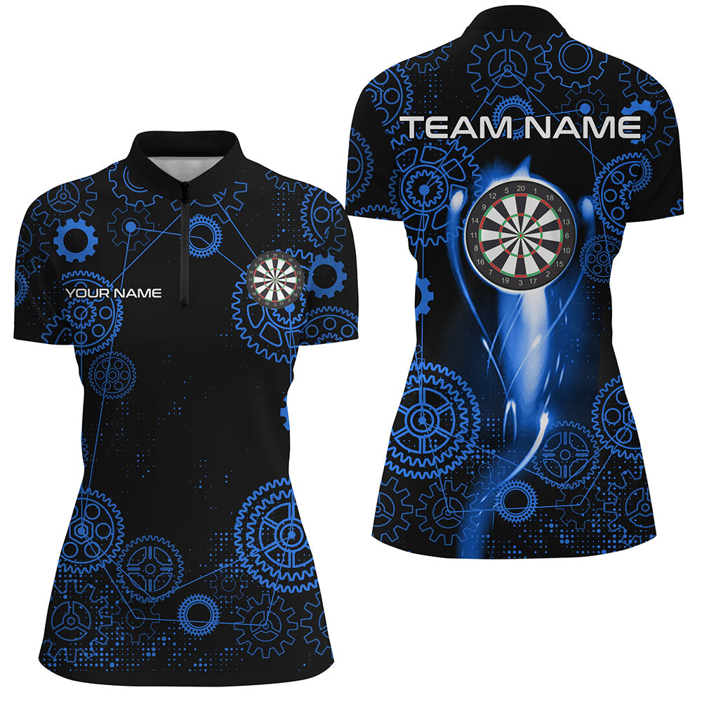 Blaues Darts Zahnradmuster Individuelles Dart Damen Quarter Zip Shirt, Dartliga Dart Trikot TDM3188