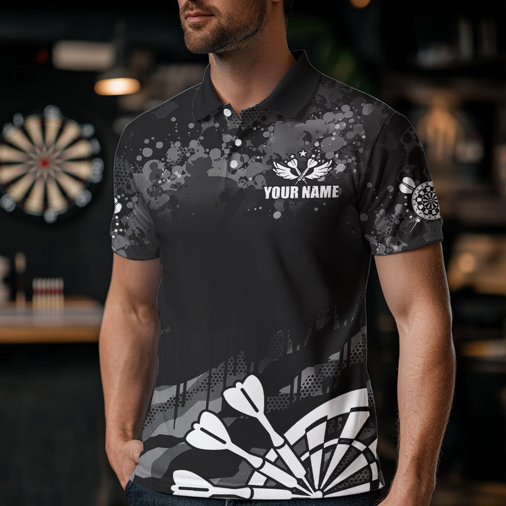 Schwarz Grau Grunge Camo Darts Polo & Viertelreißverschluss Für Herren Maßgeschneiderte Retro Dartboard Teamtrikots TDM3539
