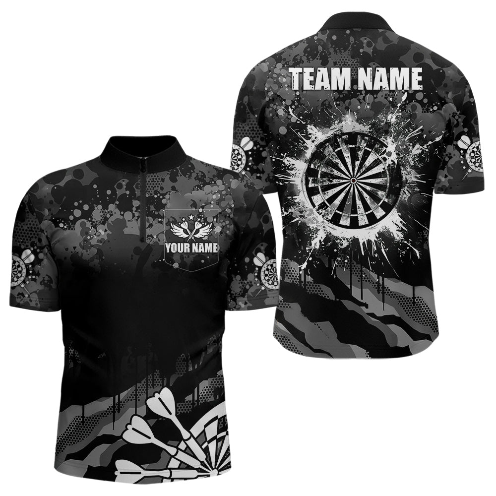 Schwarz Grau Grunge Camo Darts Polo & Viertelreißverschluss Für Herren Maßgeschneiderte Retro Dartboard Teamtrikots TDM3539