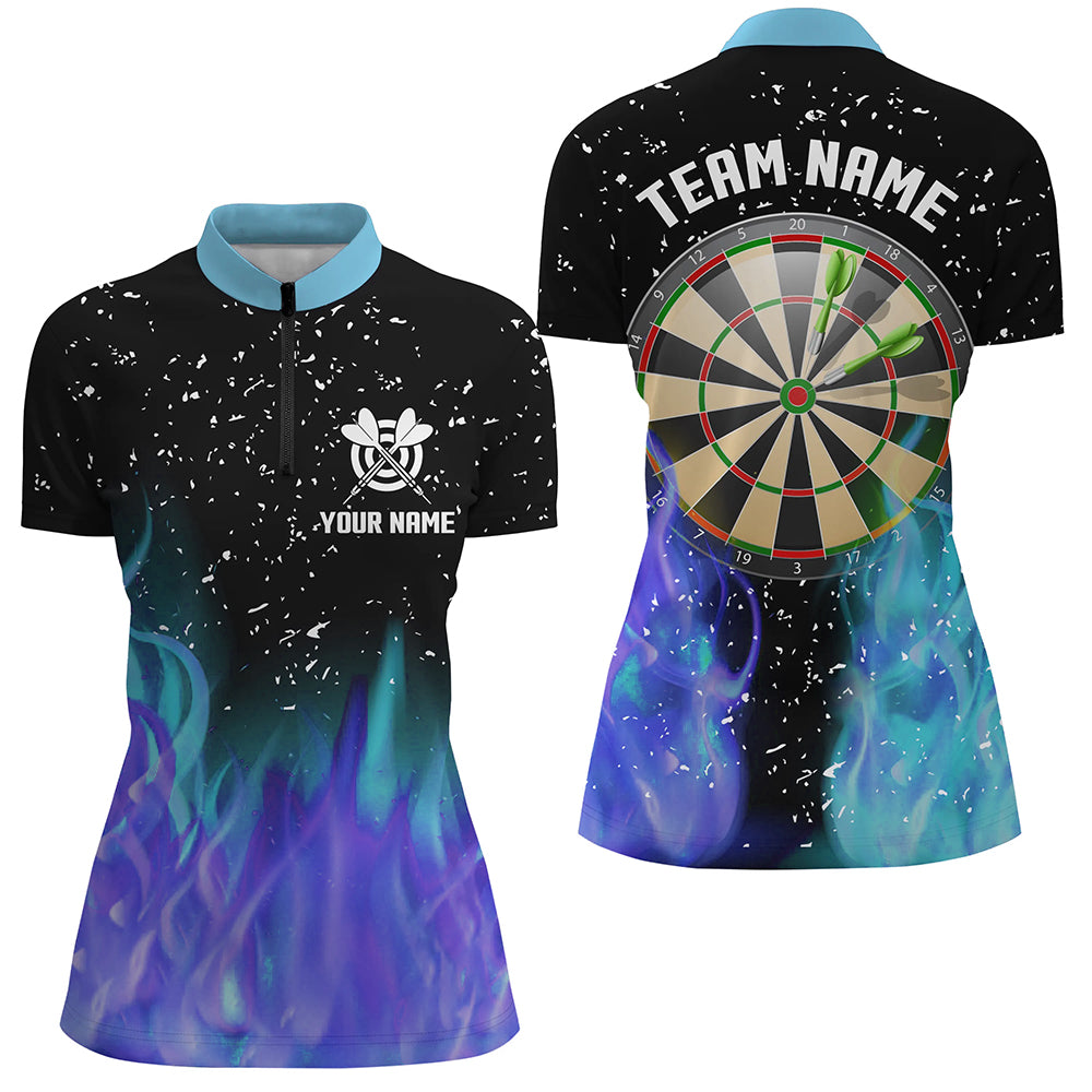 Individuelles Blau und Lila Feuer Dartboard Damen Quarter Zip Shirt, Dart Shirts Für Team Dart Trikot TDM1212