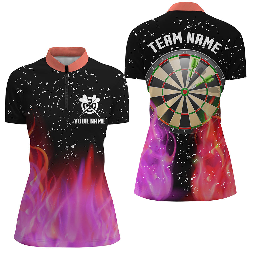 Individuelles Rot und Pink Feuer Dartboard Damen Quarter Zip Shirt, Dart Shirts Für Team Dart Trikot TDM1213