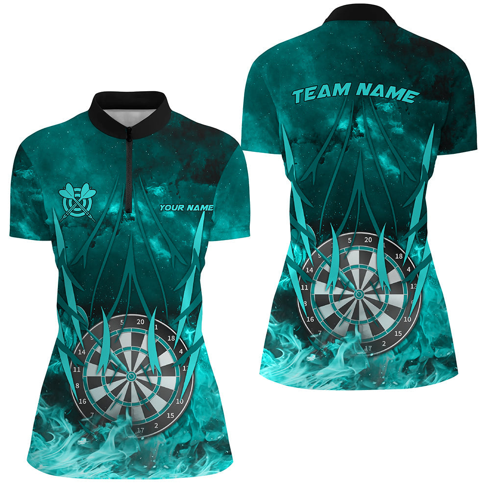 Individuelles türkises Flame Dartboard On Fire Dart Quarter Zip Shirt für Damen, Darttrikot für Spieler TDM1789