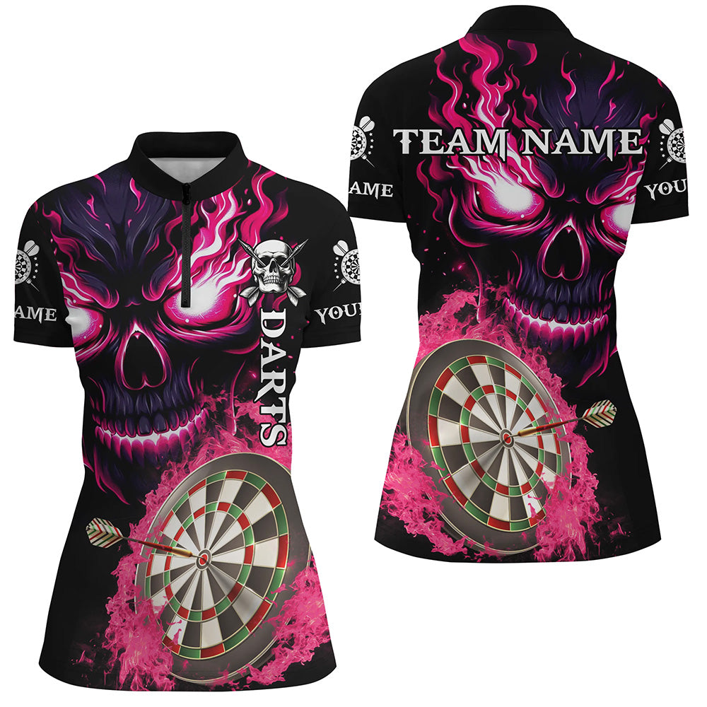 Pinkes Dartboard Flammen-Totenkopf Damen-Dartshirts, personalisierte Liga-Teamtrikots TDM2954