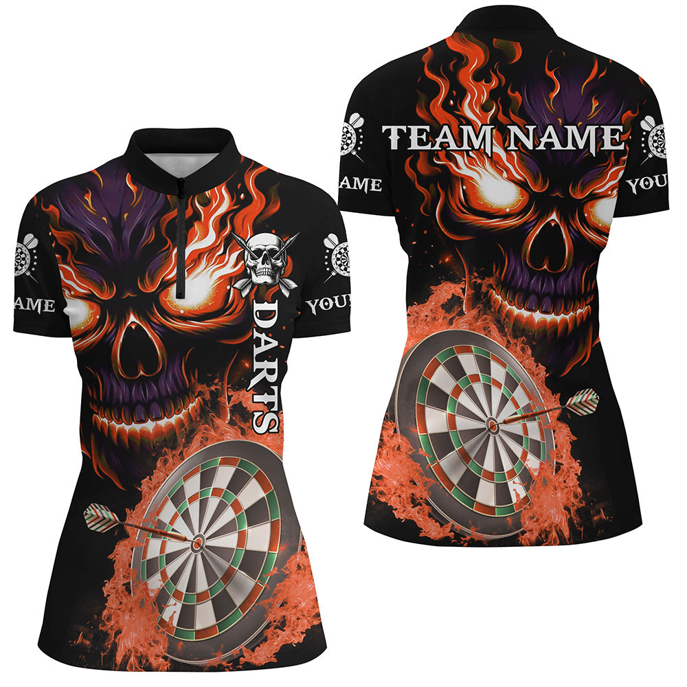 Individuelles Oranges Dartboard Flammen Totenkopf Damen Dart Quarter Zip Shirts, Dart Team Uniform Trikot TDM2955