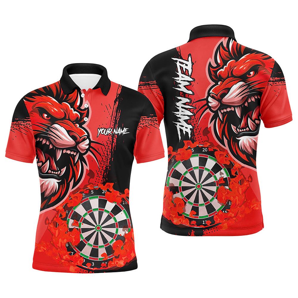 Individuelles rotes lustiges Dart-Flammen-Löwen-Dart-Poloshirt für Herren, Dart-Teamtrikot TDM2959