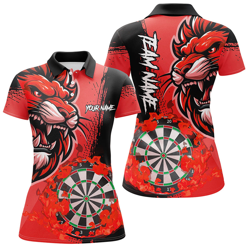Individuelles Rotes Lustiges Dart Flammen Löwe Dart Poloshirt für Damen, Team Dart Trikot TDM2959