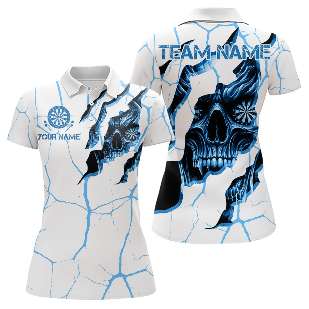 Personalisierte Schädel Weiß-Blau Grunge Darts Poloshirts für Damen, Dart-Team-Trikots TDM3705