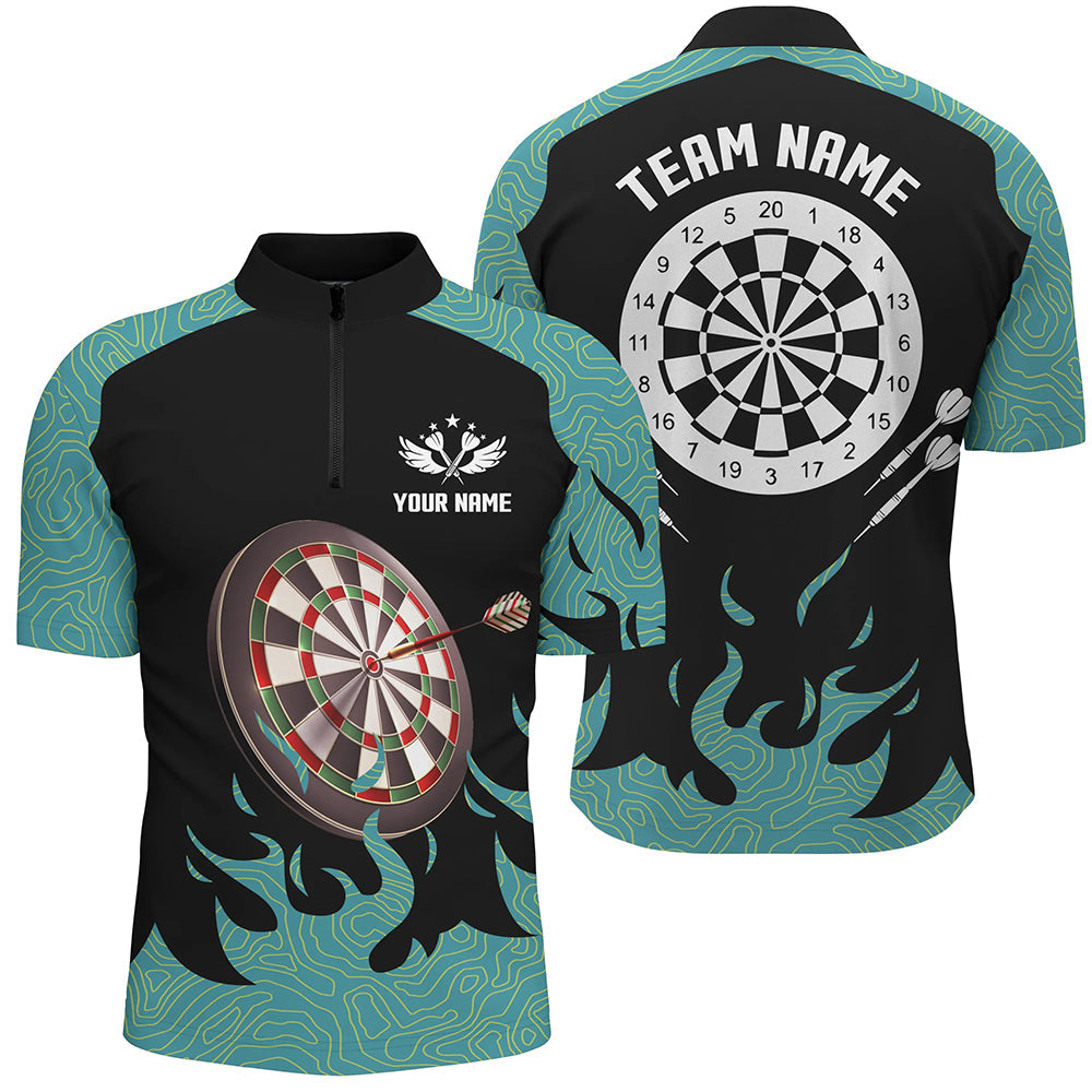 Schwarz-Türkis Dartboard Herren Shirt mit Viertelreißverschluss, Dart Team Uniform TDM1426