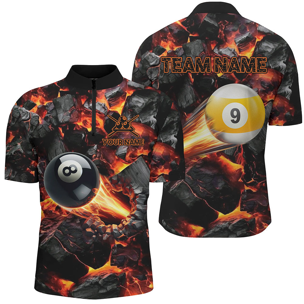 Maßgeschneiderte 8 Ball & 9 Ball Feuer schießendes Herren Quarter-Zip Shirt, Billiard Pool Team Shirt TDM2467