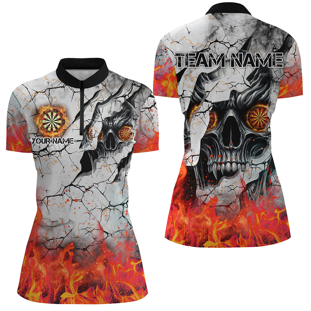 Totenkopf-Rissmuster Damen-Dartshirts, personalisiertes Feuer-Flammen-Darttrikot Team-Uniform | Orange TDM2971